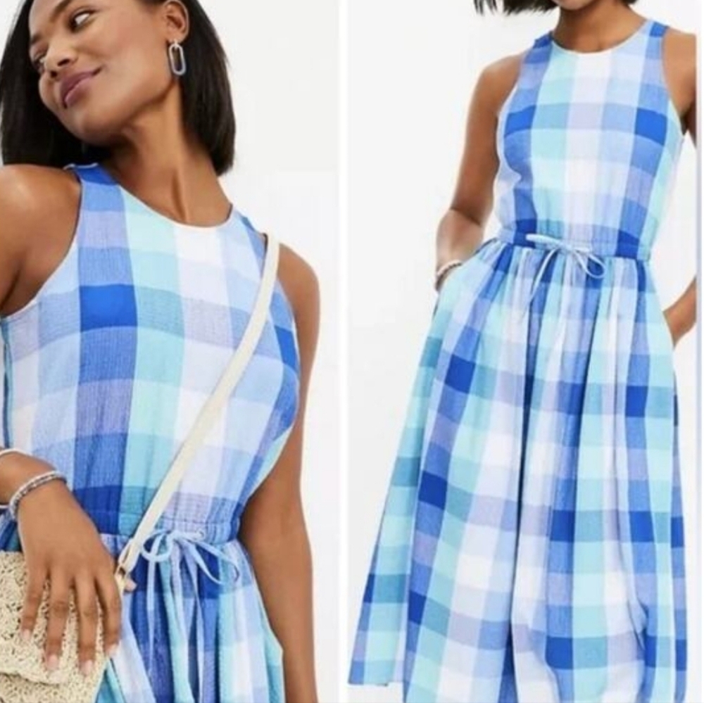 LOFT Plaid Cutout Back Midi With Pocket Dress Blue Aqua/White Sleeveless Dress
